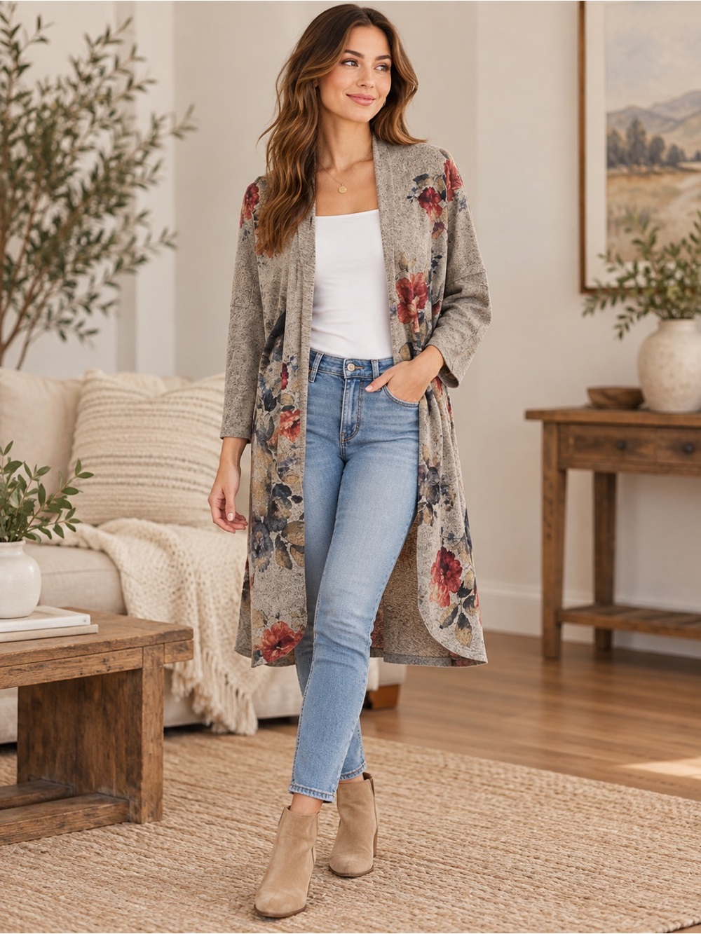 Live in the Moment Floral Duster Cardigan Women’s S Gray Long Open Front Boho